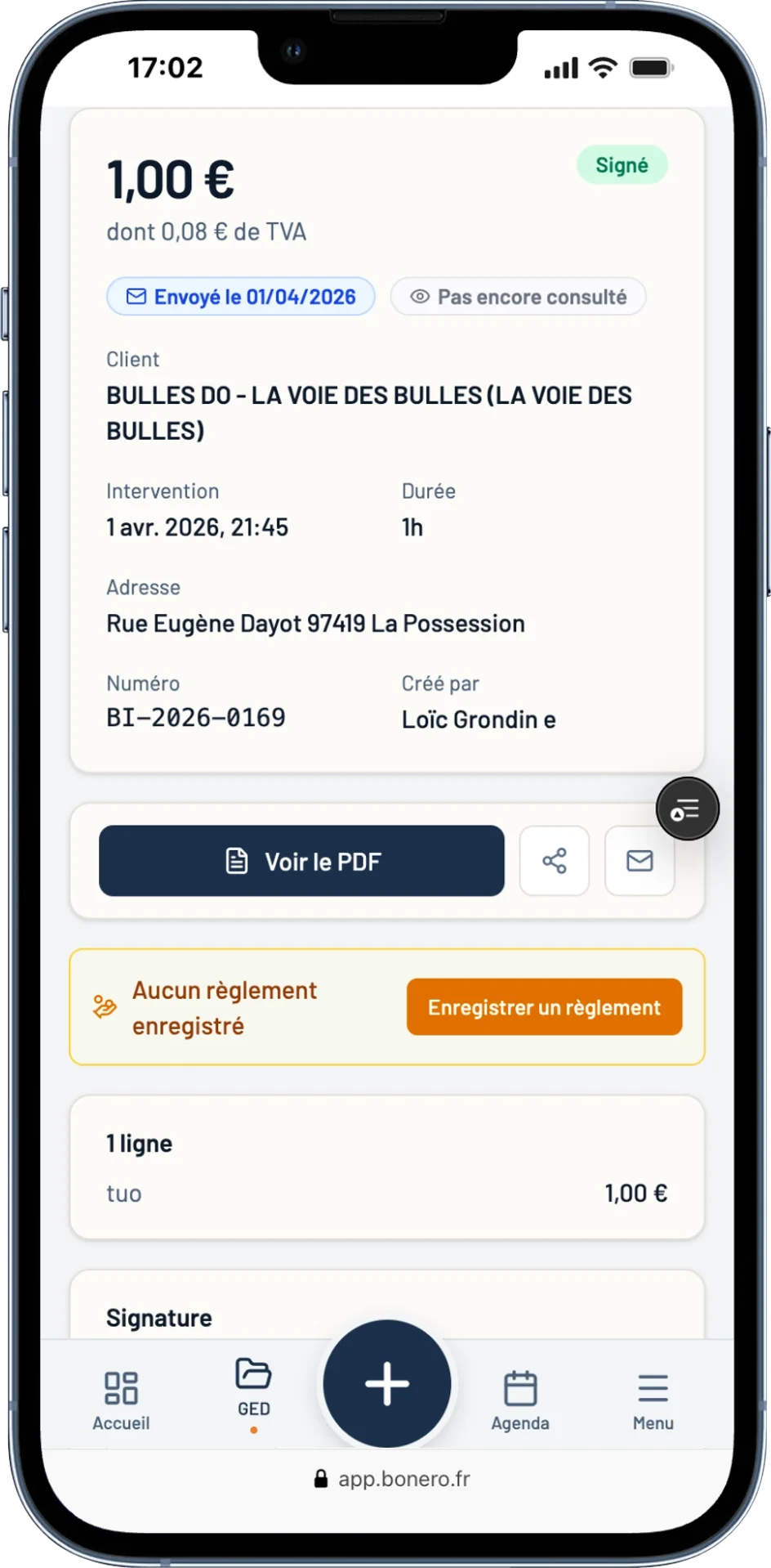 App Bonero ouverte sur le terrain